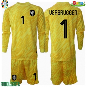 Nederländerna Bart Verbruggen #1 Målvakt Bortaställ Barn EM 2024 Långärmad (+ Korta byxor)